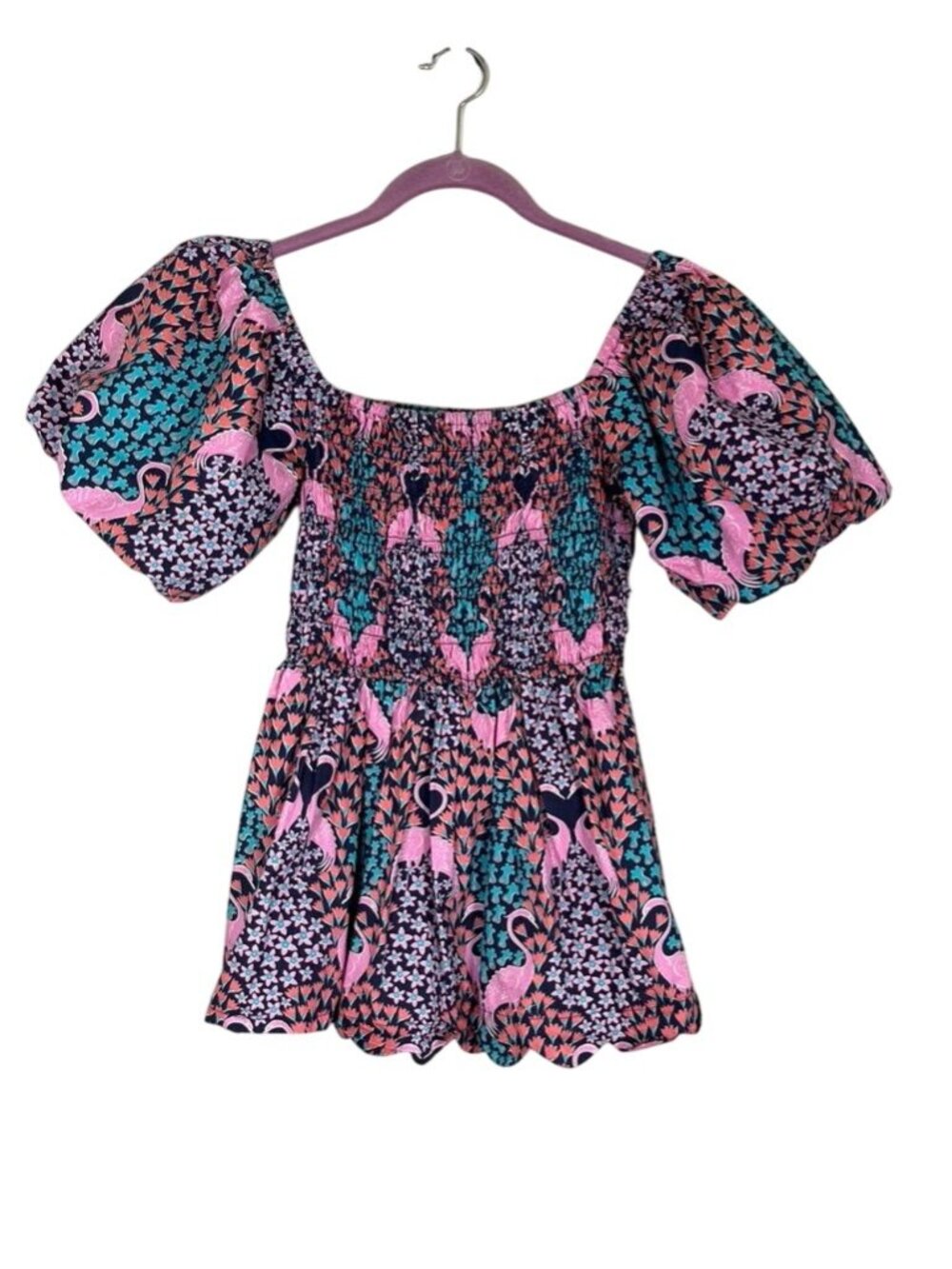 Colorful Floral Smock Peplum Top S Flamingo Tropical Resort Preppy Chic Classic